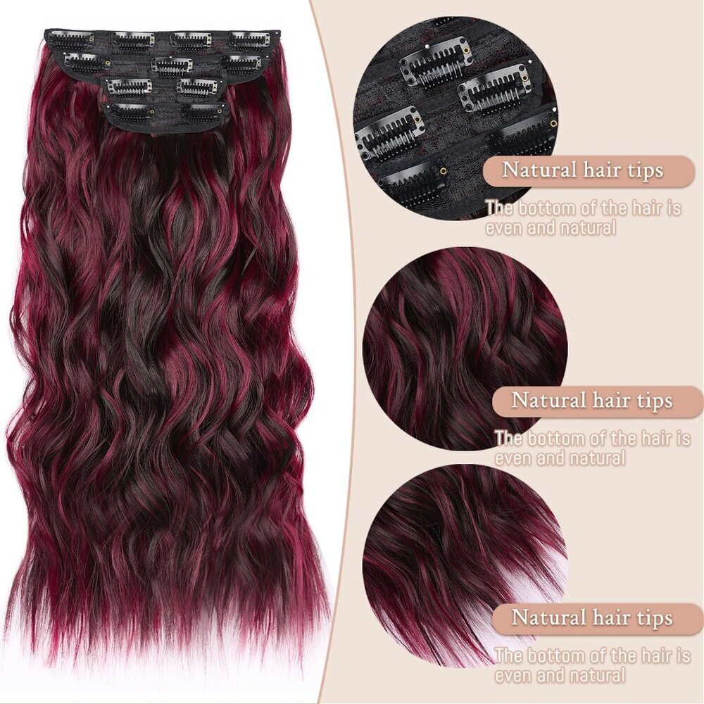 Long Wavy Clip in Hair Extensions Synthetic 22 Inch Dark Red Burgundy Women - Picture 3 of 8